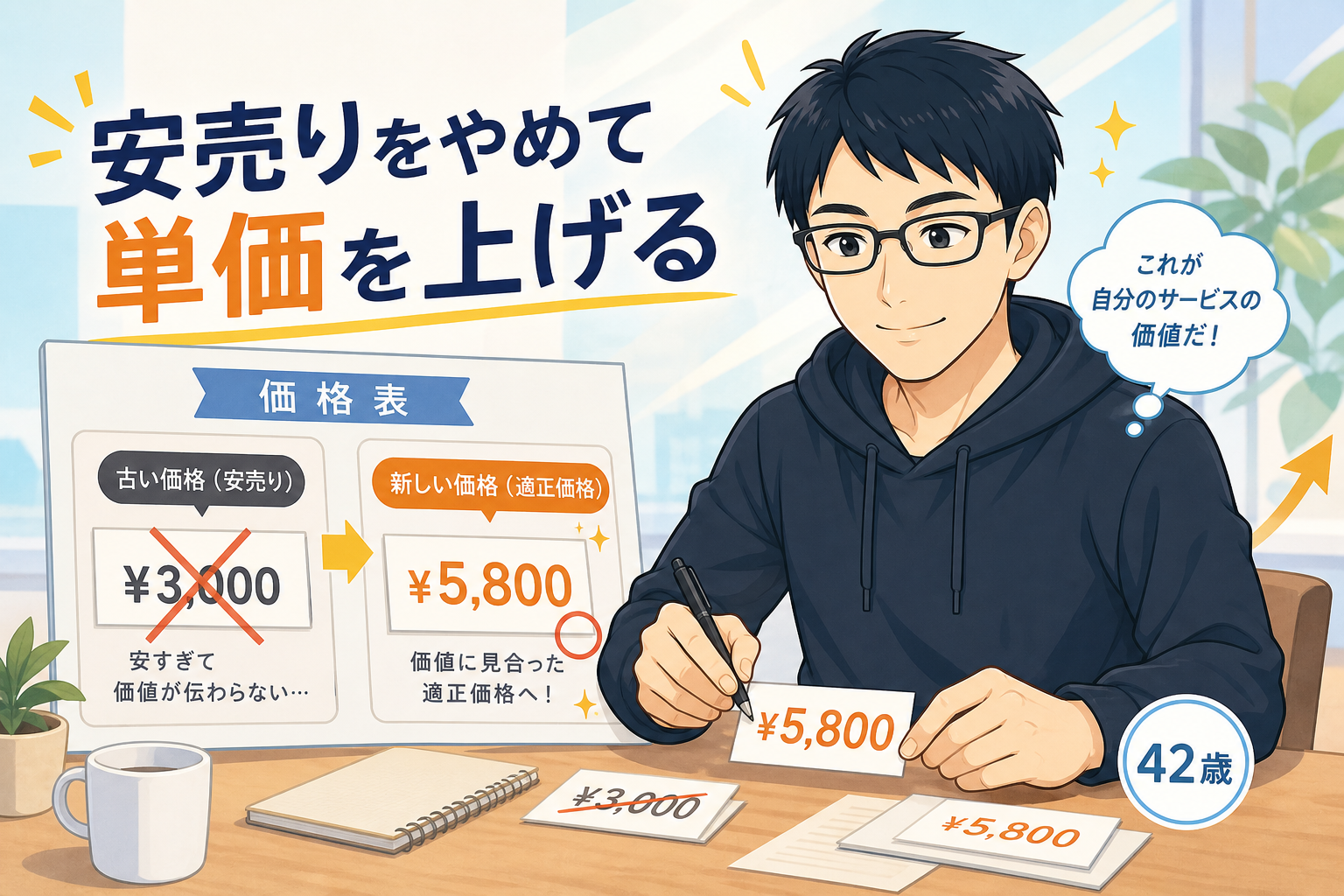 安売りをやめて適正価格に値札を書き換えるケン