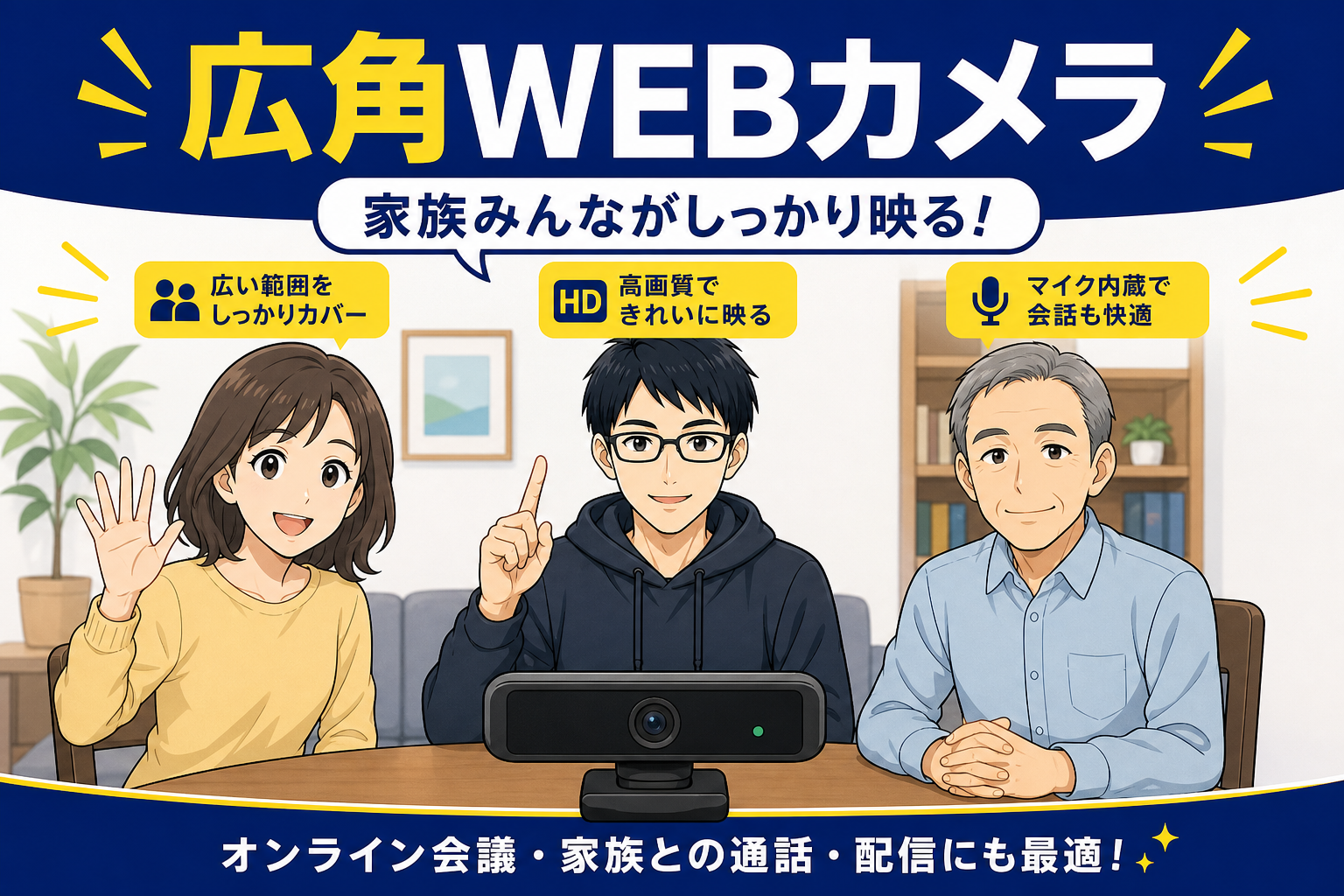 広角WEBカメラで複数人が映るシーン