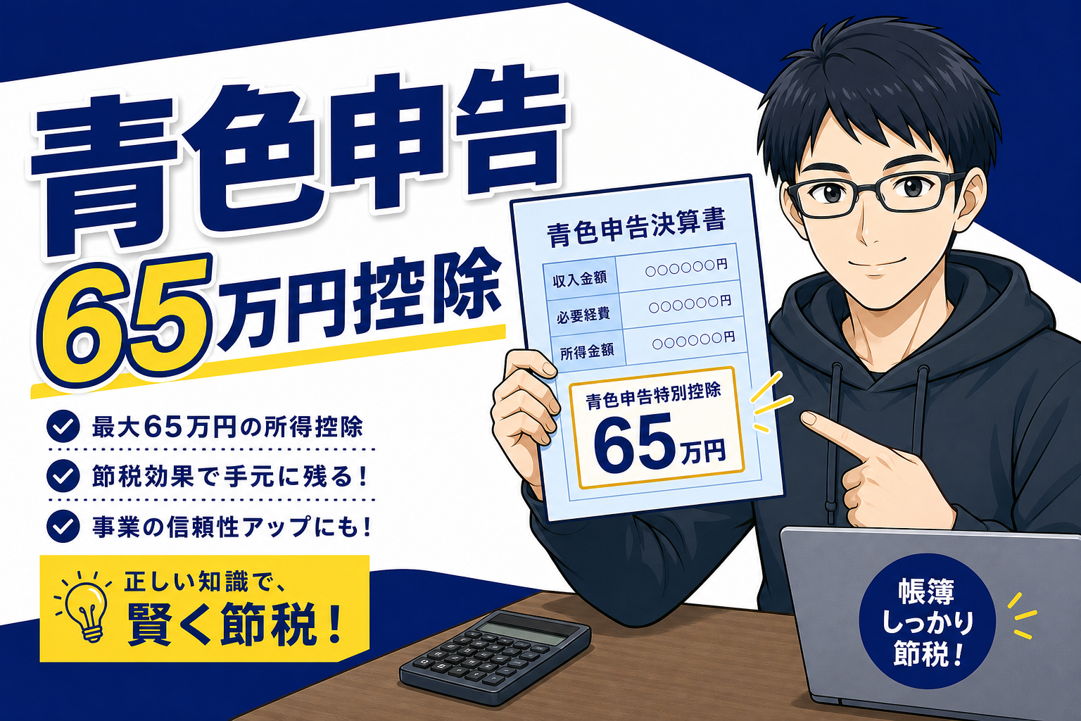 青色申告65万円控除を説明するケン