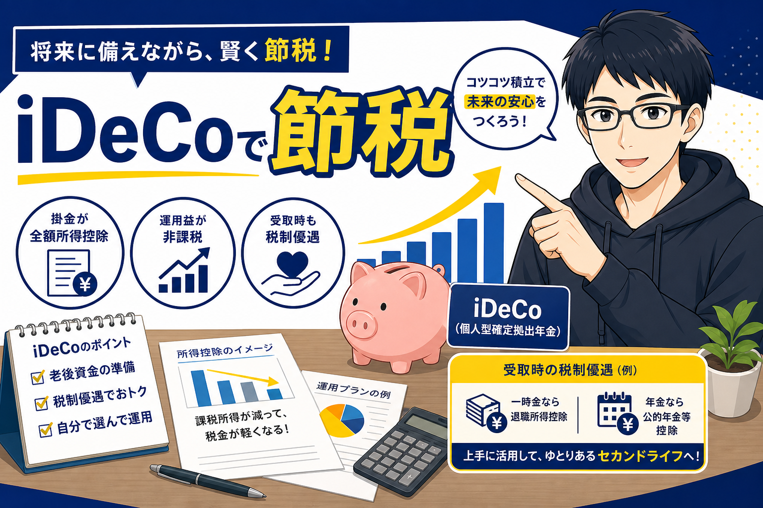 iDeCoで老後資金を積み立てながら節税するイメージ