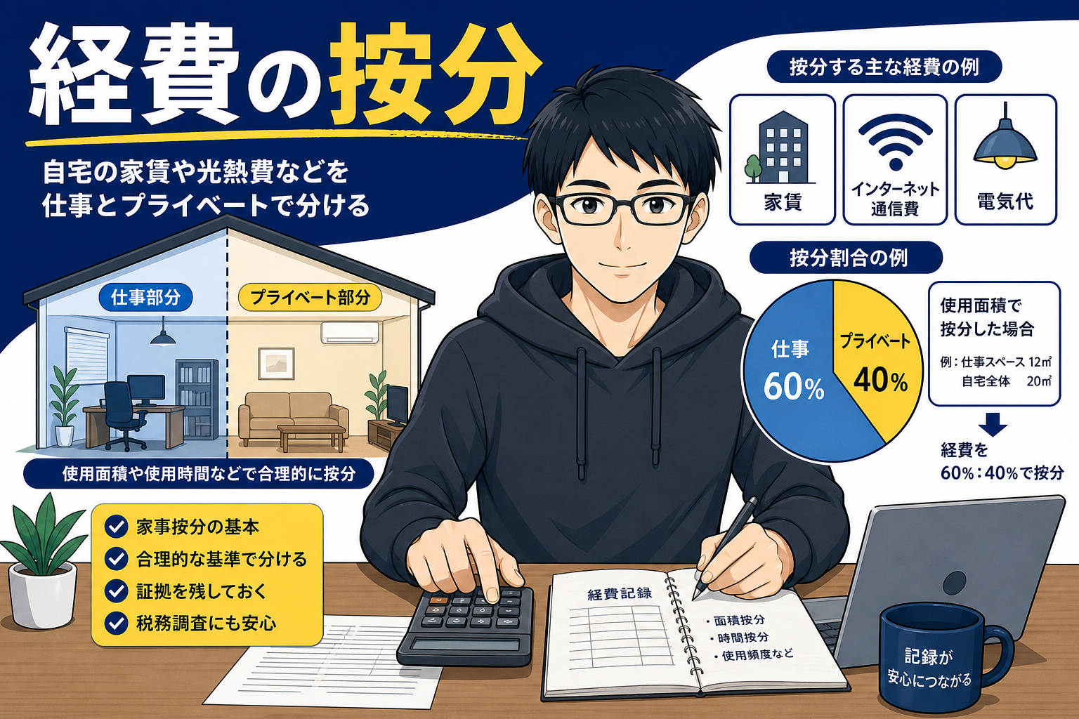 家賃・通信・電気を按分して経費計上するイメージ