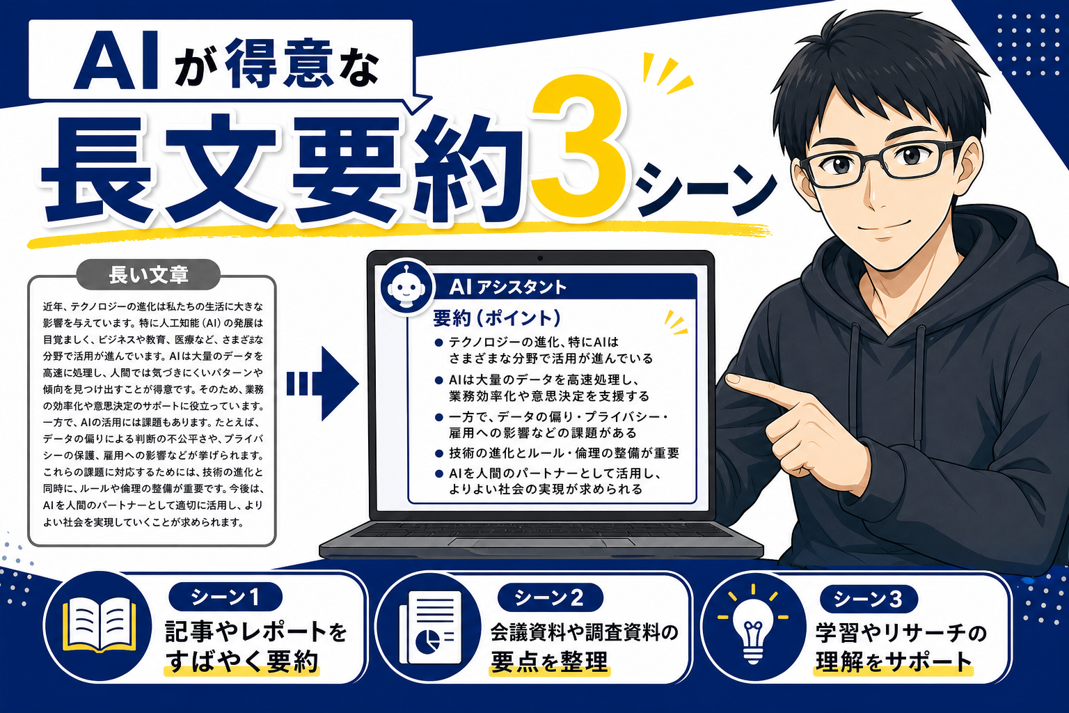 AIが得意な長文要約の3シーンを紹介するケン