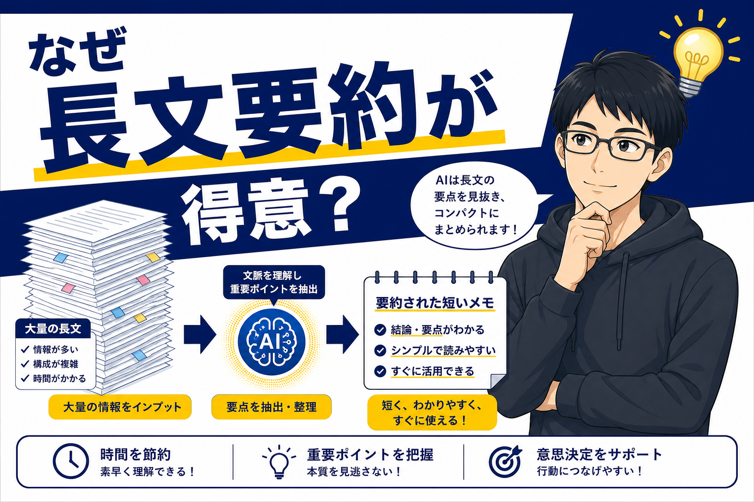 AIが長文要約を得意とする仕組みのイメージ