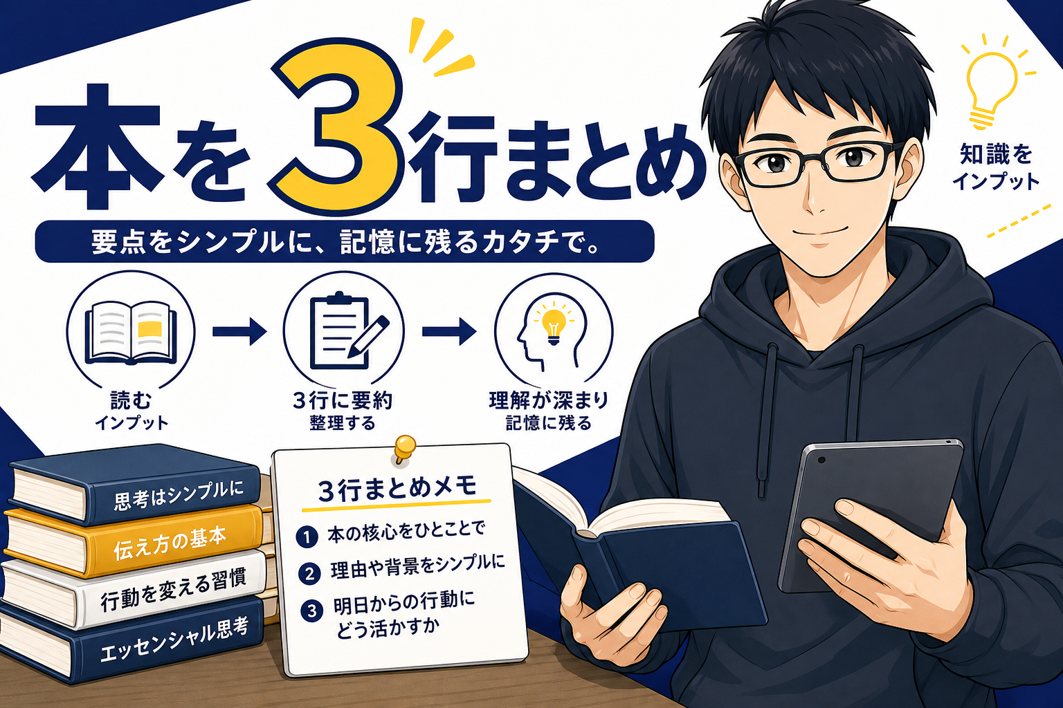 本を3行にまとめて知識をインプットするイメージ