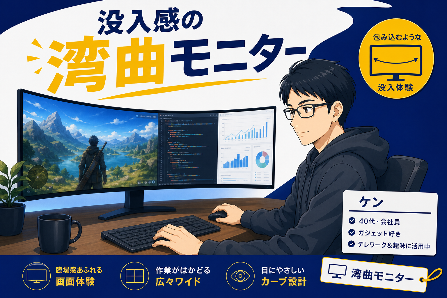 没入感のある湾曲モニターを使うケン