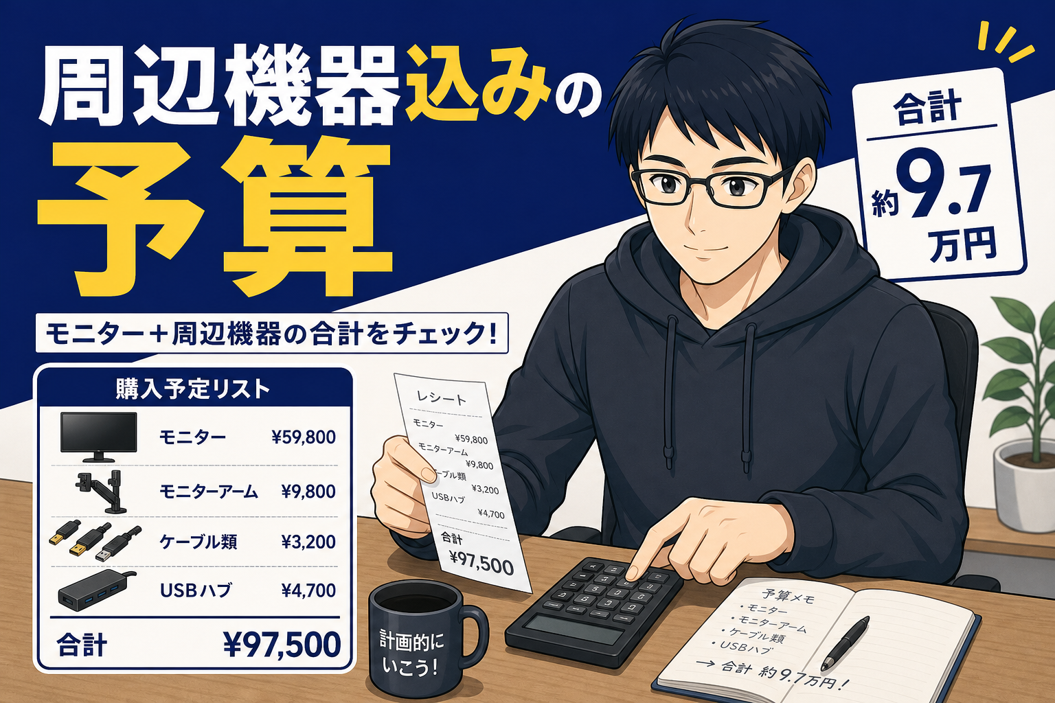 モニターと周辺機器の合計予算を計算するケン