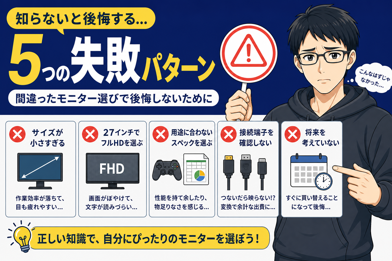 モニター選びの5つの失敗パターンを警告するケン