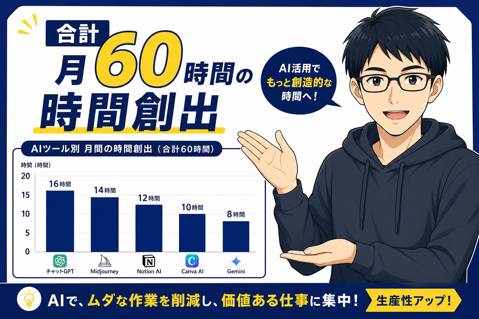 合計月60時間の時間創出を示すケン
