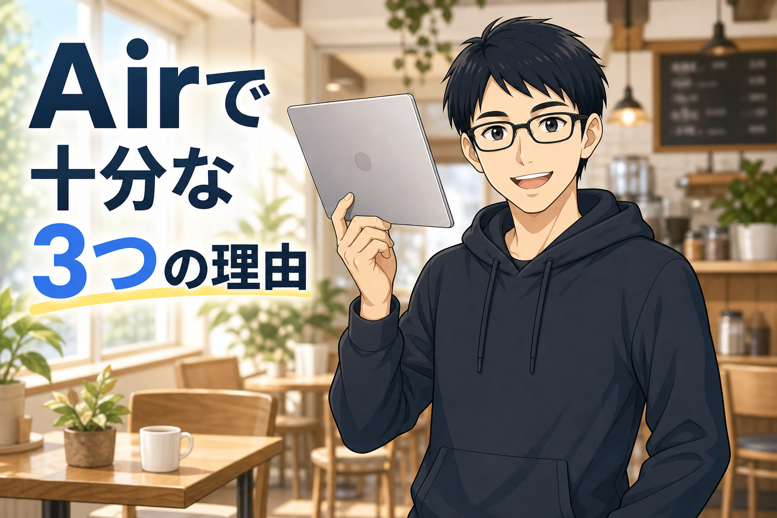 軽量なMacBook Airを片手で持ち上げて見せるケン