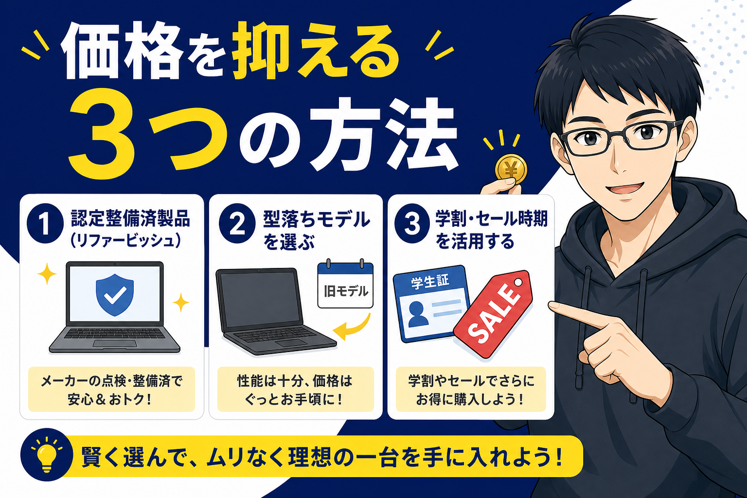 価格を抑える3つの方法を示すケン