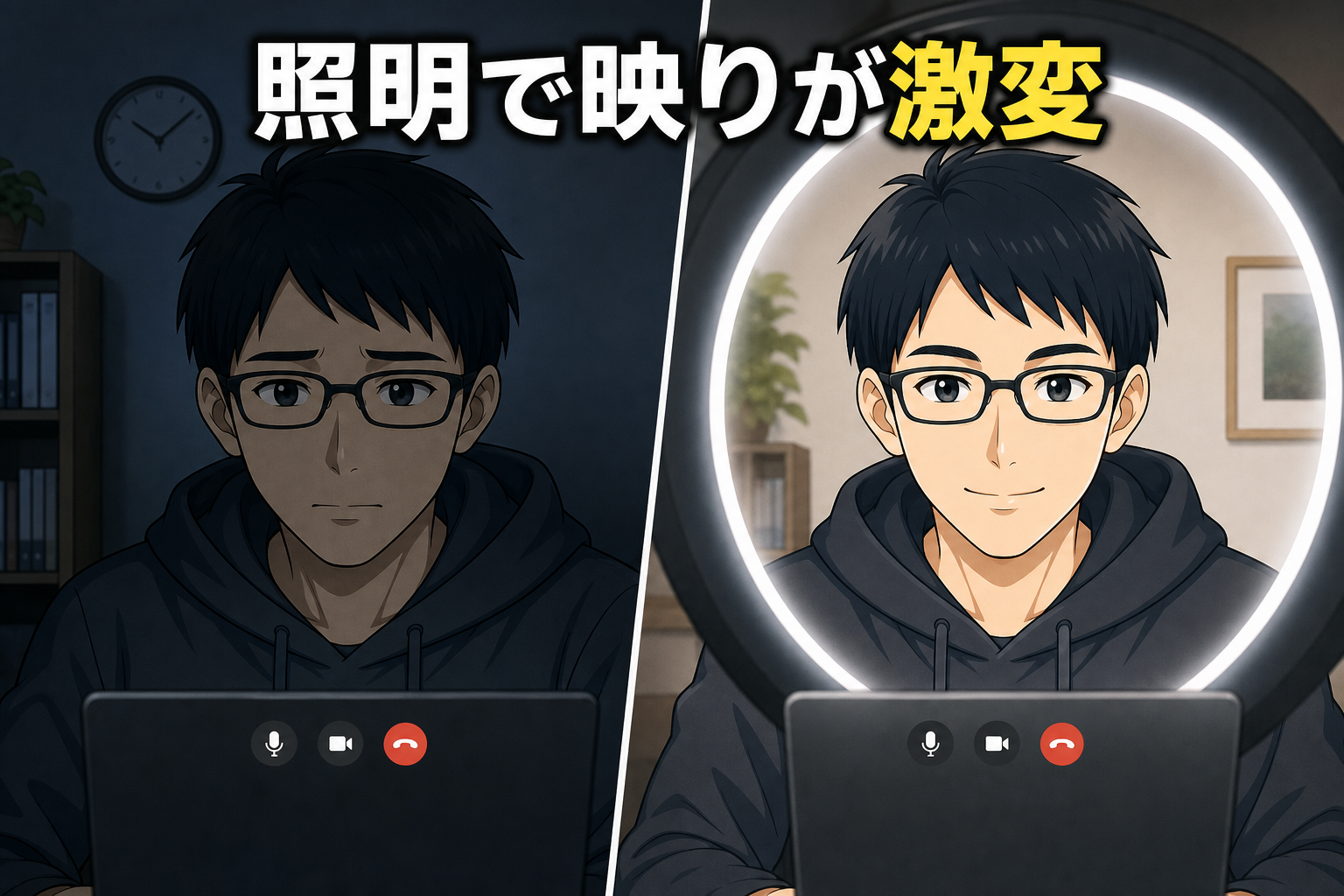 照明で映りが激変するビフォーアフターを示すケン