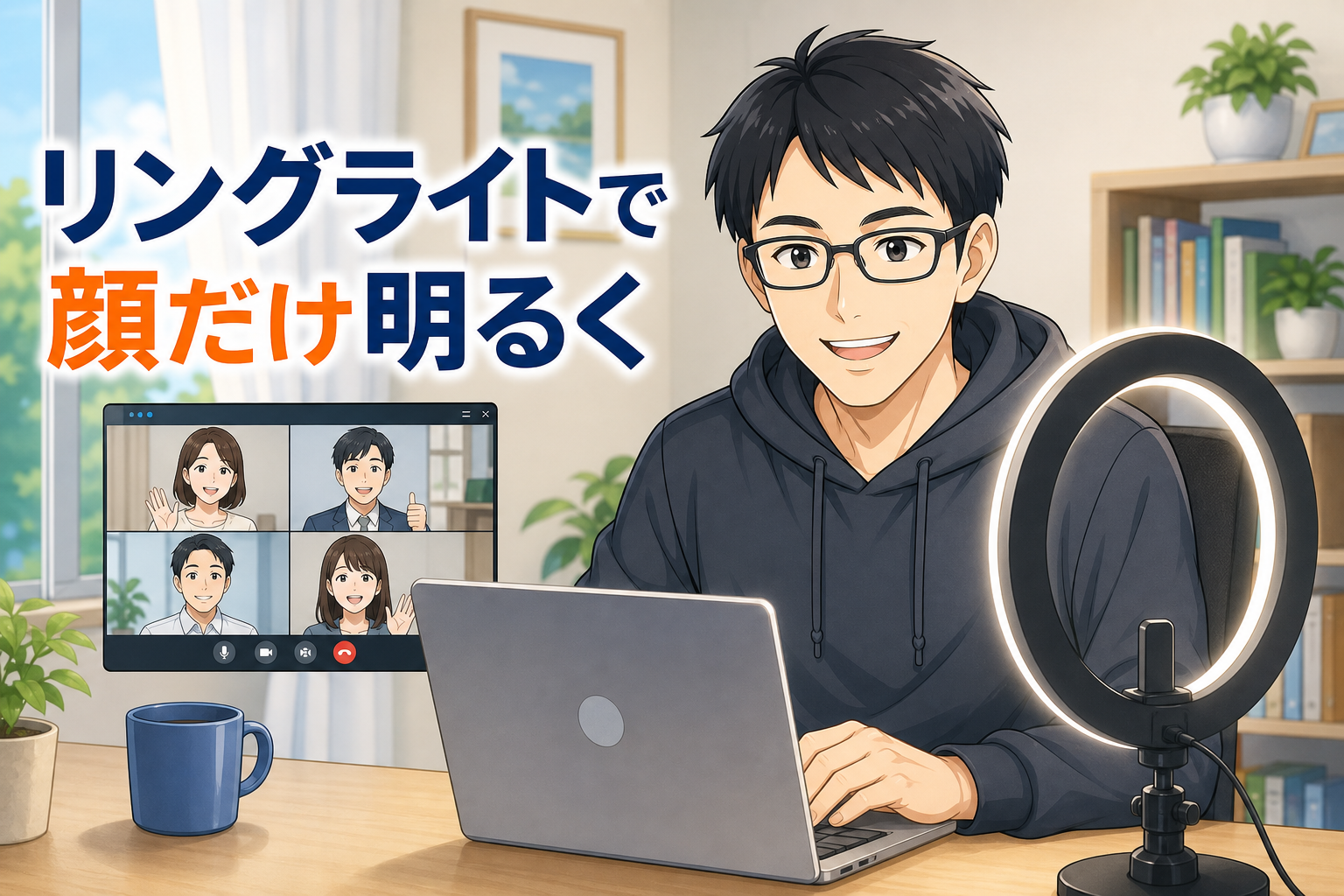 リングライトで顔を明るく照らしビデオ会議をするケン