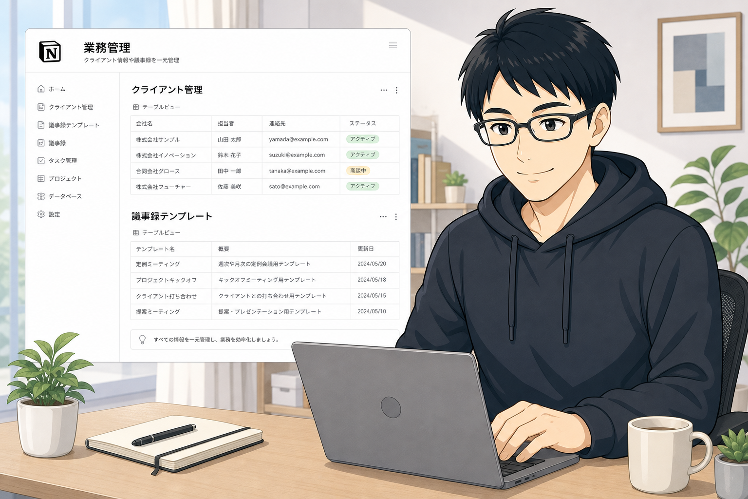 Notionでクライアント情報や議事録テンプレートを一元管理する様子