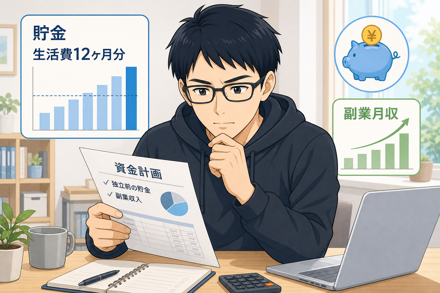 独立前に貯金と副業収入のラインを確認する様子