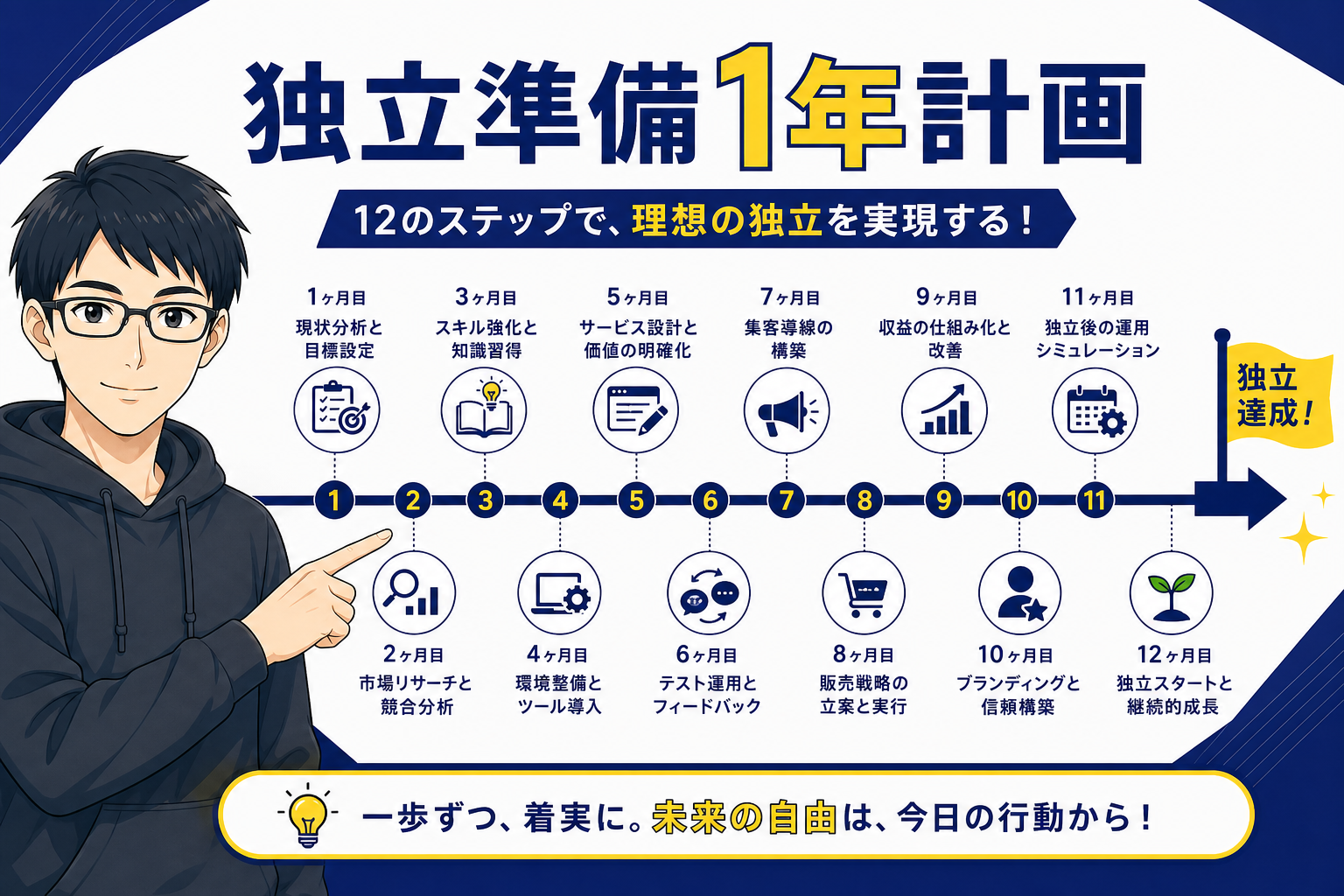 独立準備の1年間スケジュールを示すケン