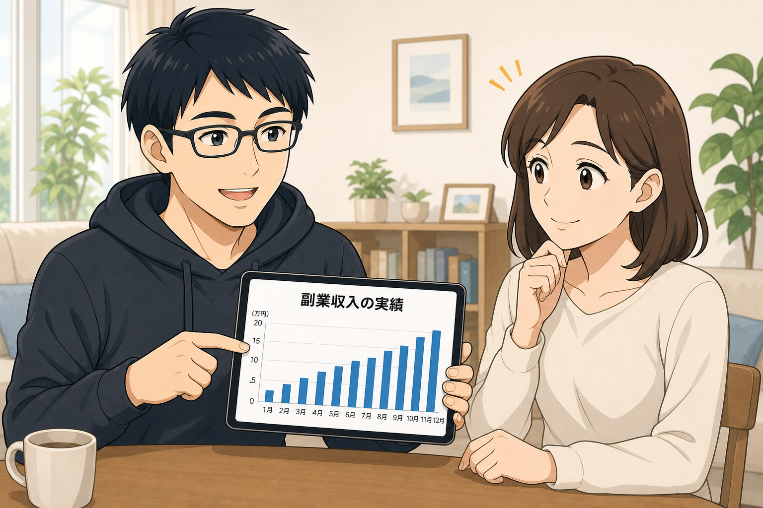 配偶者に副業収入のデータを見せて説明するケン