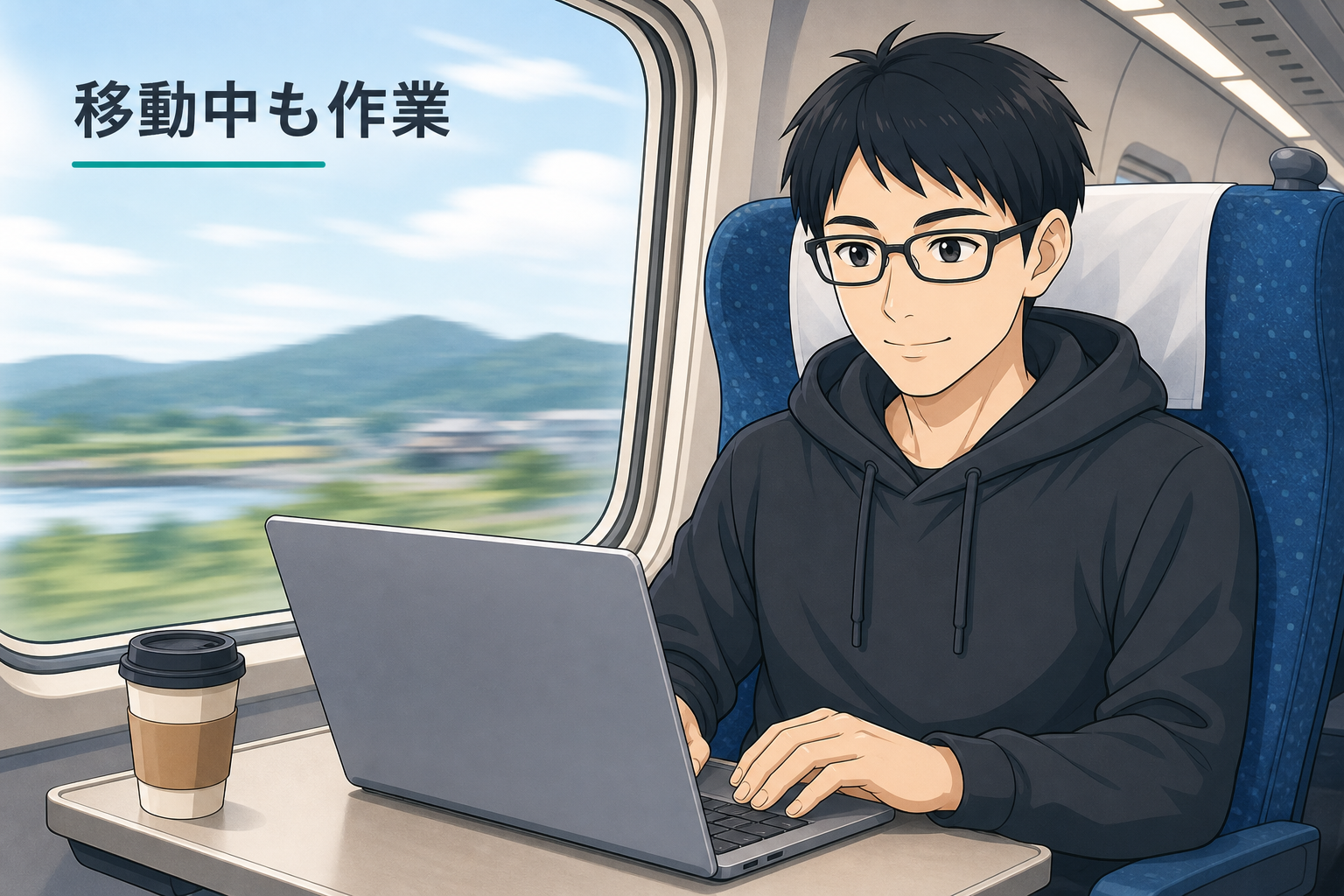 新幹線の移動中にノートパソコンで作業するケン