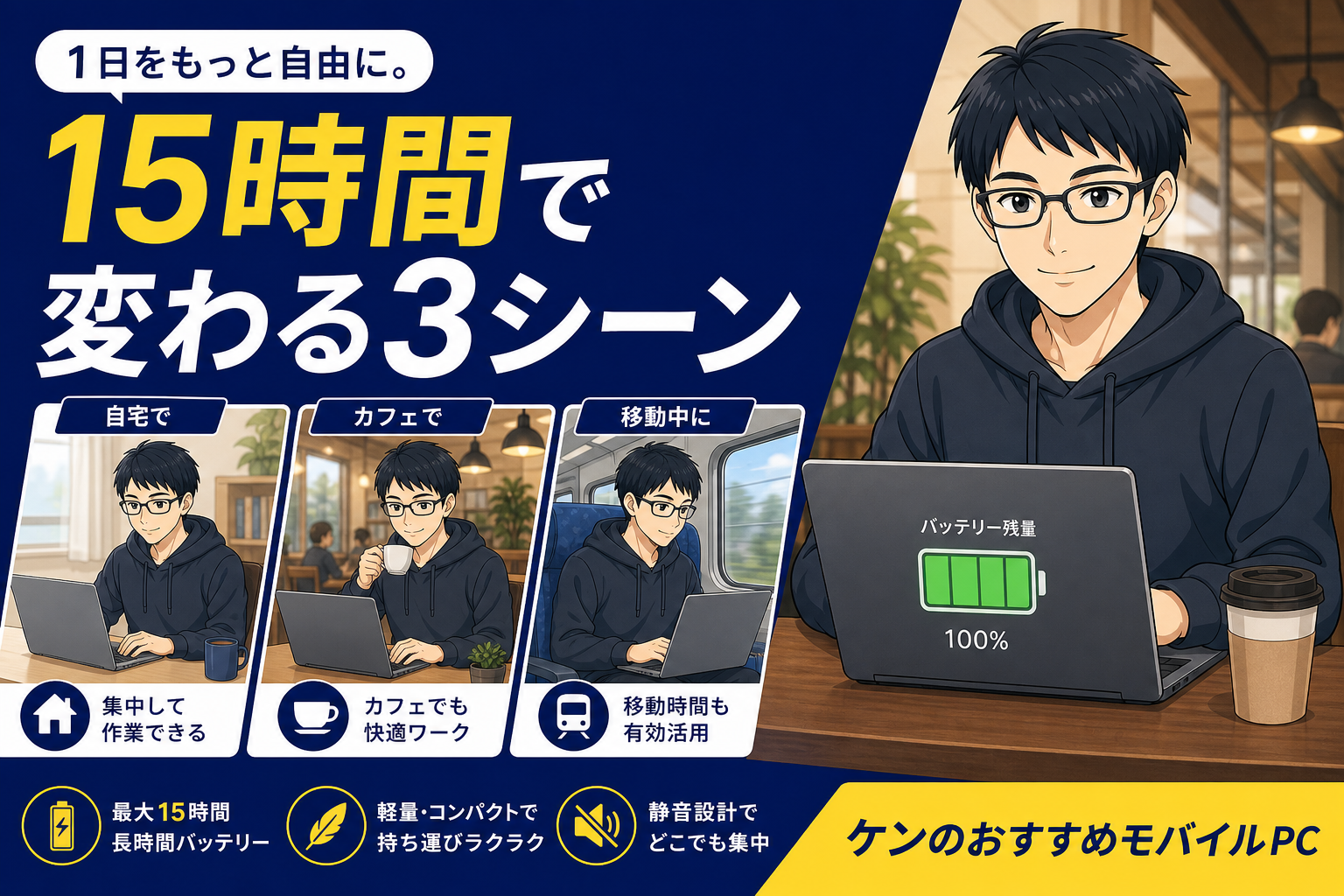 バッテリー15時間が変える3つのシーンを示すケン