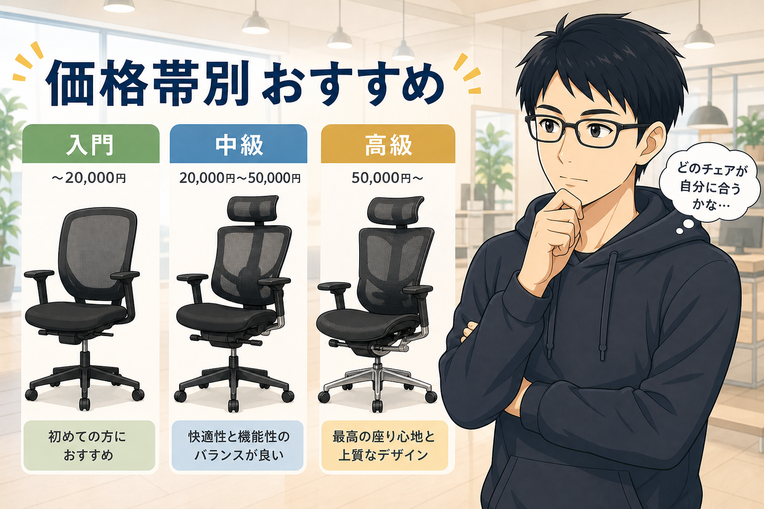 オフィスチェアを価格帯別に見比べるケン