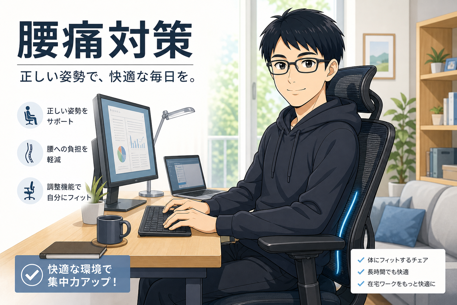 エルゴノミクスチェアに正しい姿勢で座り腰痛対策をするケン