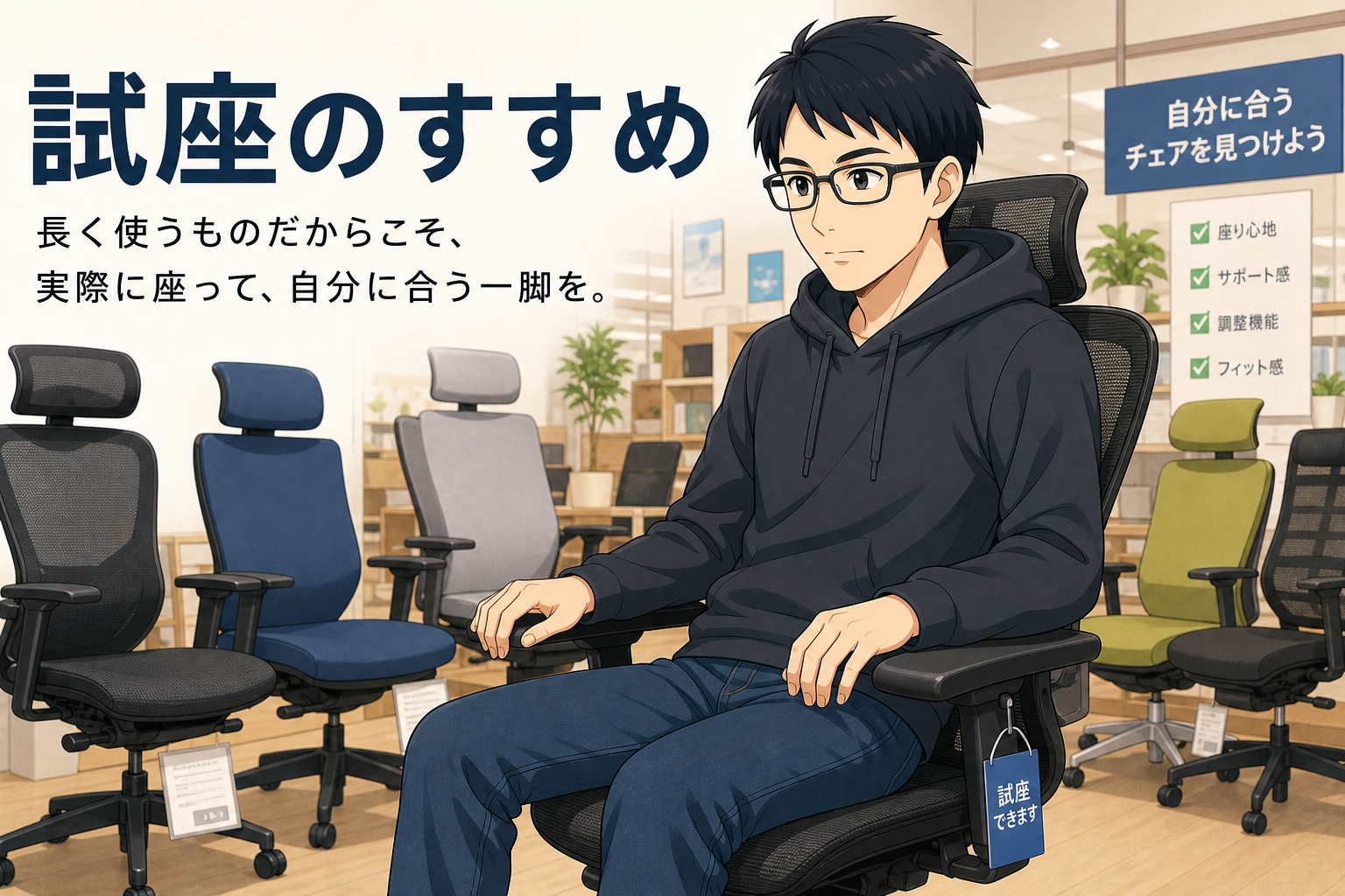 家具店でオフィスチェアの座り心地を試座するケン