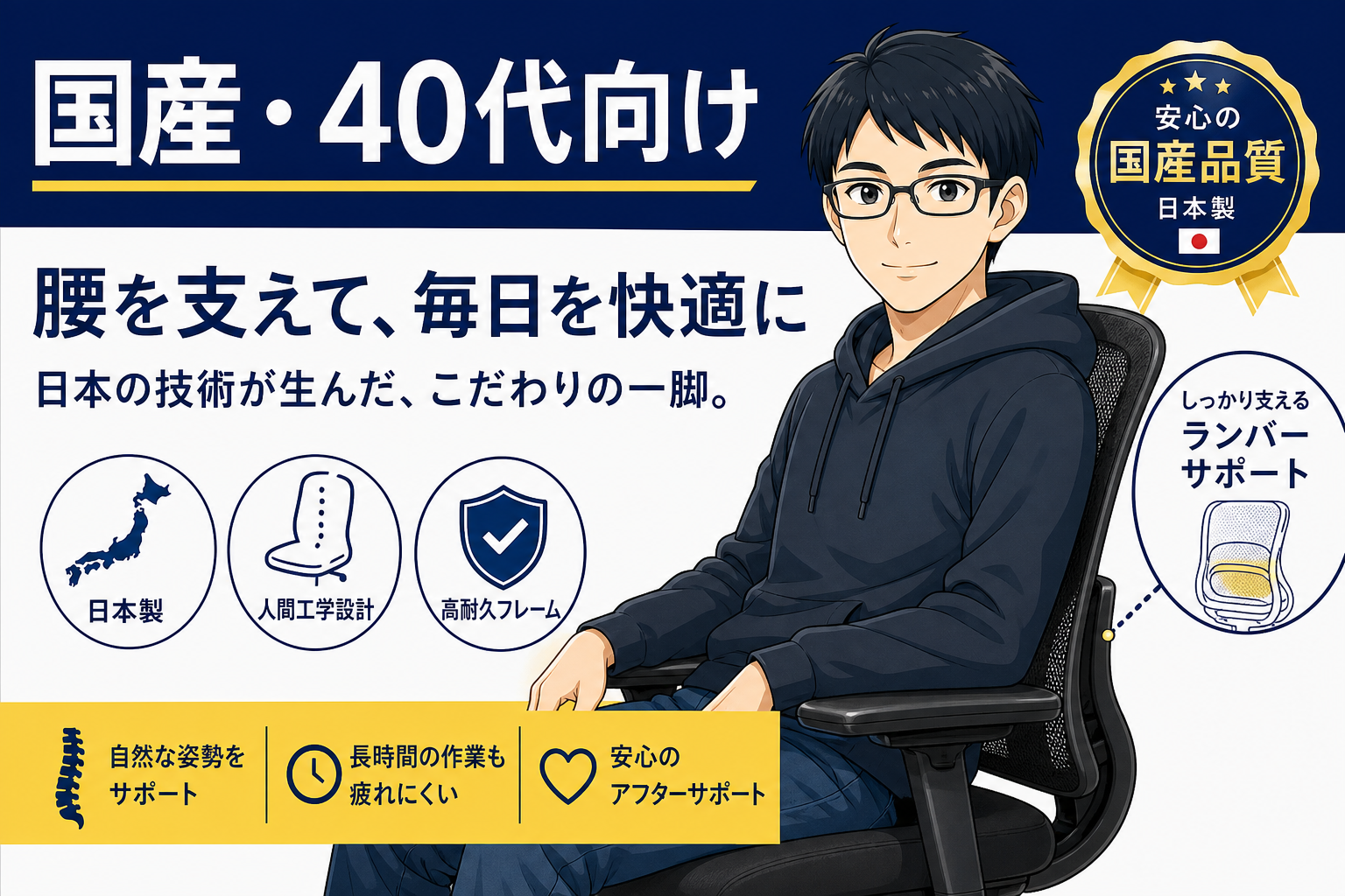 国産40代向けオフィスチェアを紹介するケン