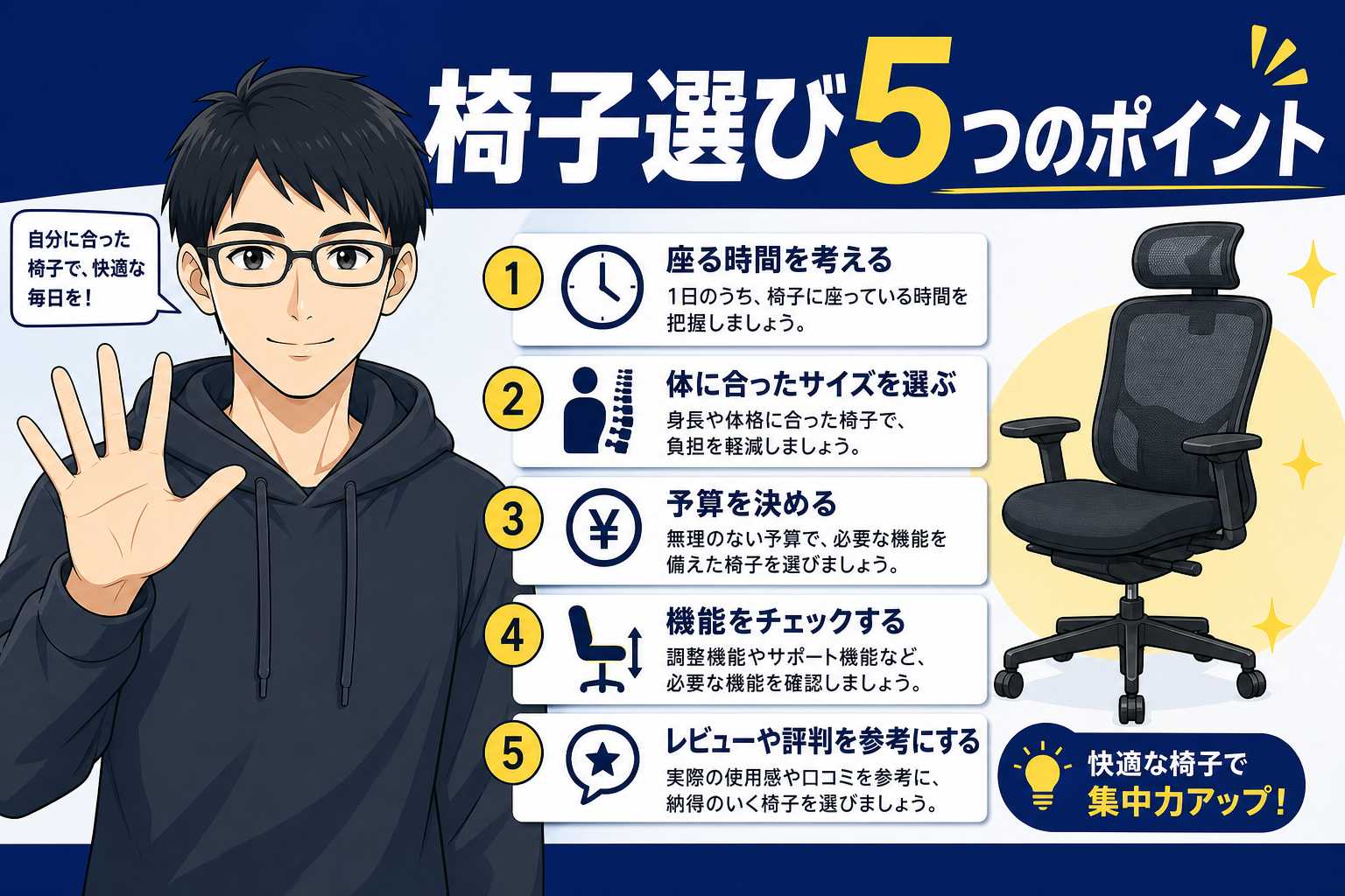 椅子選びの5つのポイントを説明するケン