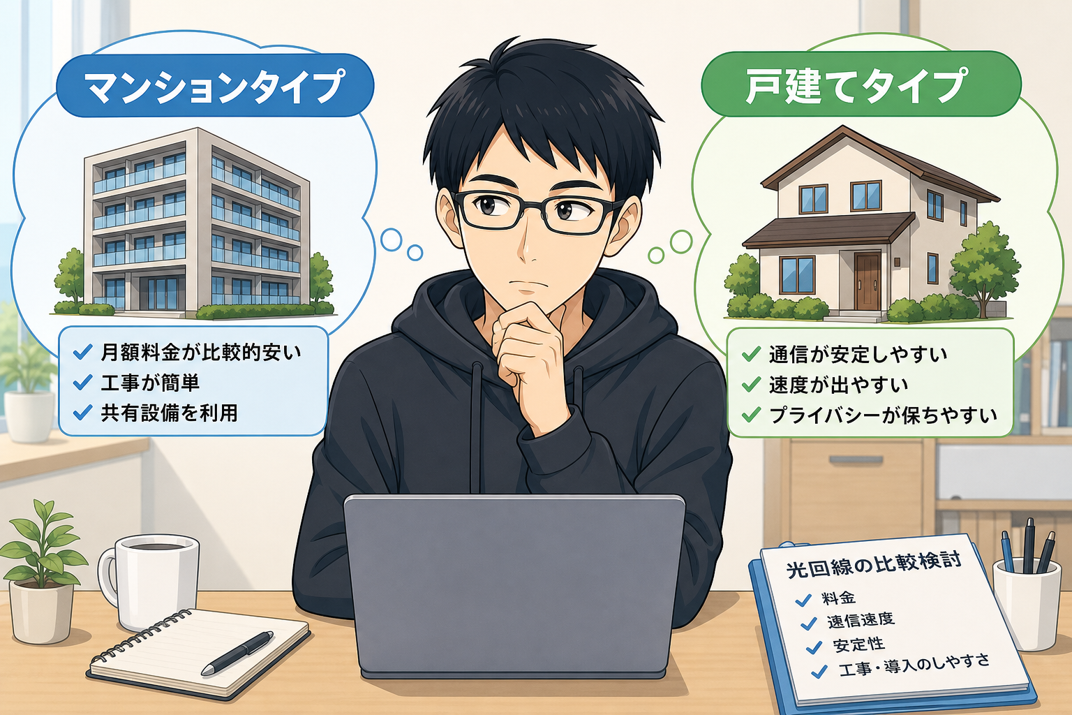 光回線のマンションタイプと戸建てタイプを比較検討するケン