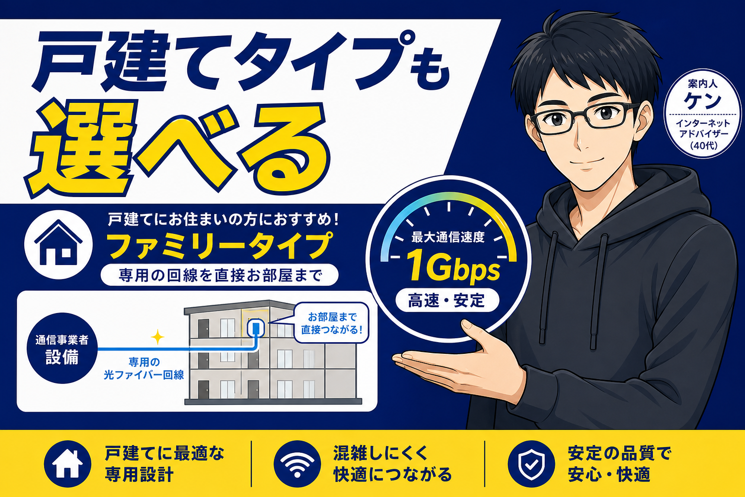マンションでも戸建てタイプが選べる場合を説明するケン