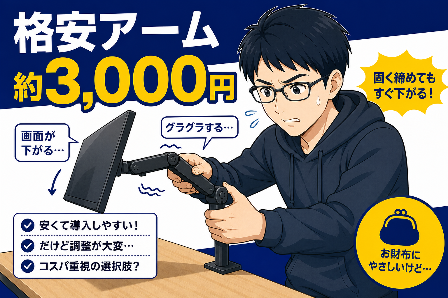格安モニターアームを調整するケンのイラスト