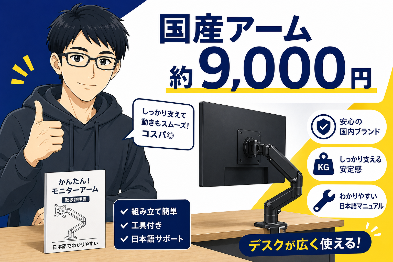 国産モニターアームに満足するケンのイラスト