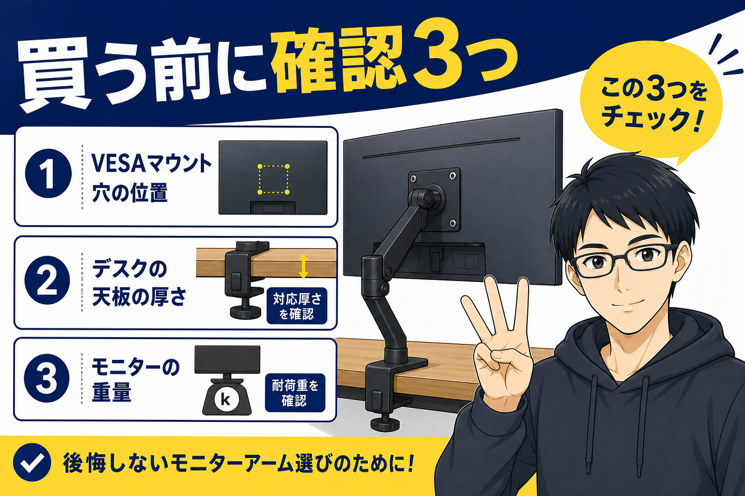 購入前の確認3ポイントを示すケンのイラスト