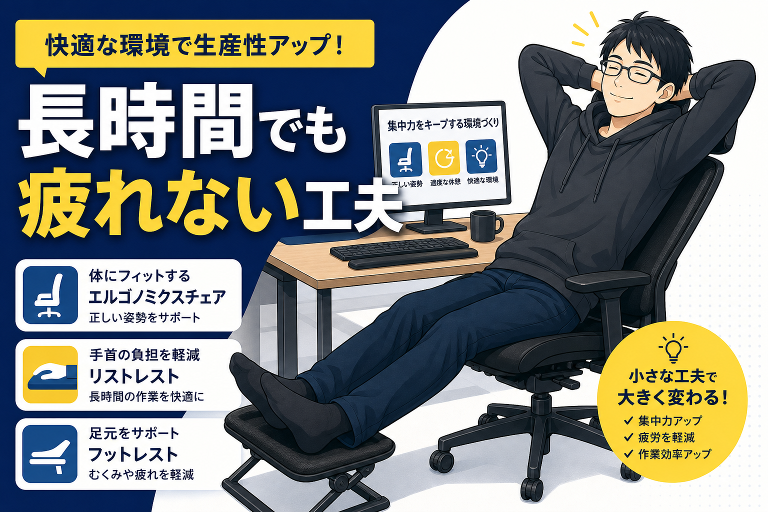 長時間作業でも疲れない快適グッズを使うケン