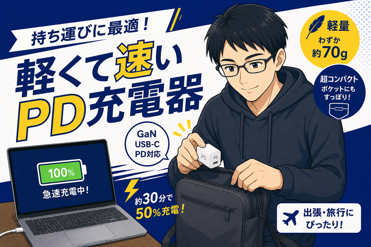 軽くて速いPD対応のUSB-C充電器を持ち運ぶ様子