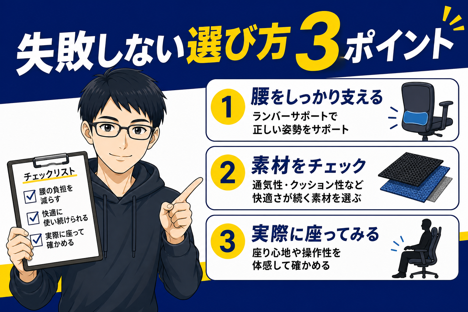 失敗しない椅子の選び方3ポイントを示すケン