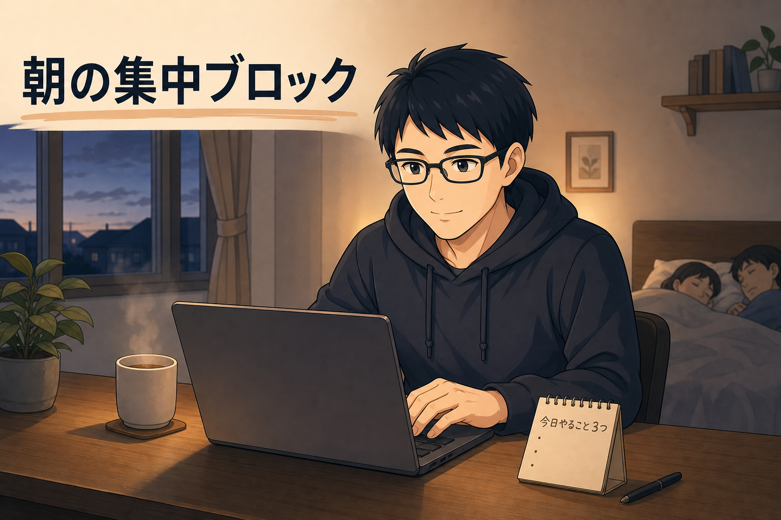 早朝の自宅デスクで一人静かに集中するケン