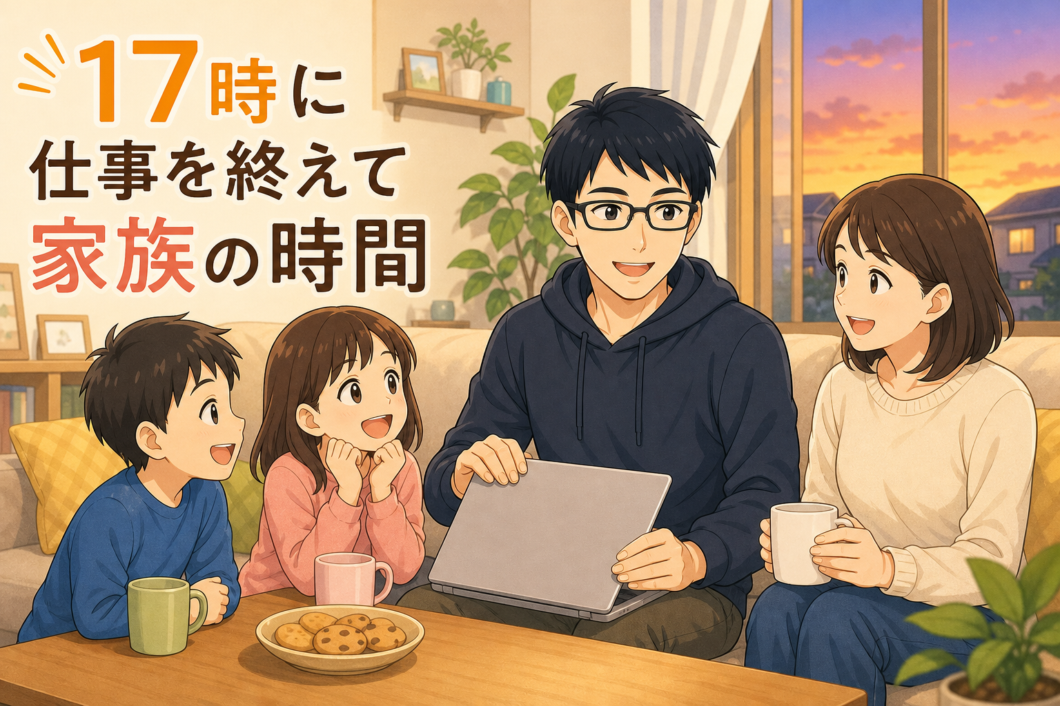 夕方に仕事を終えて家族と団らんするケン