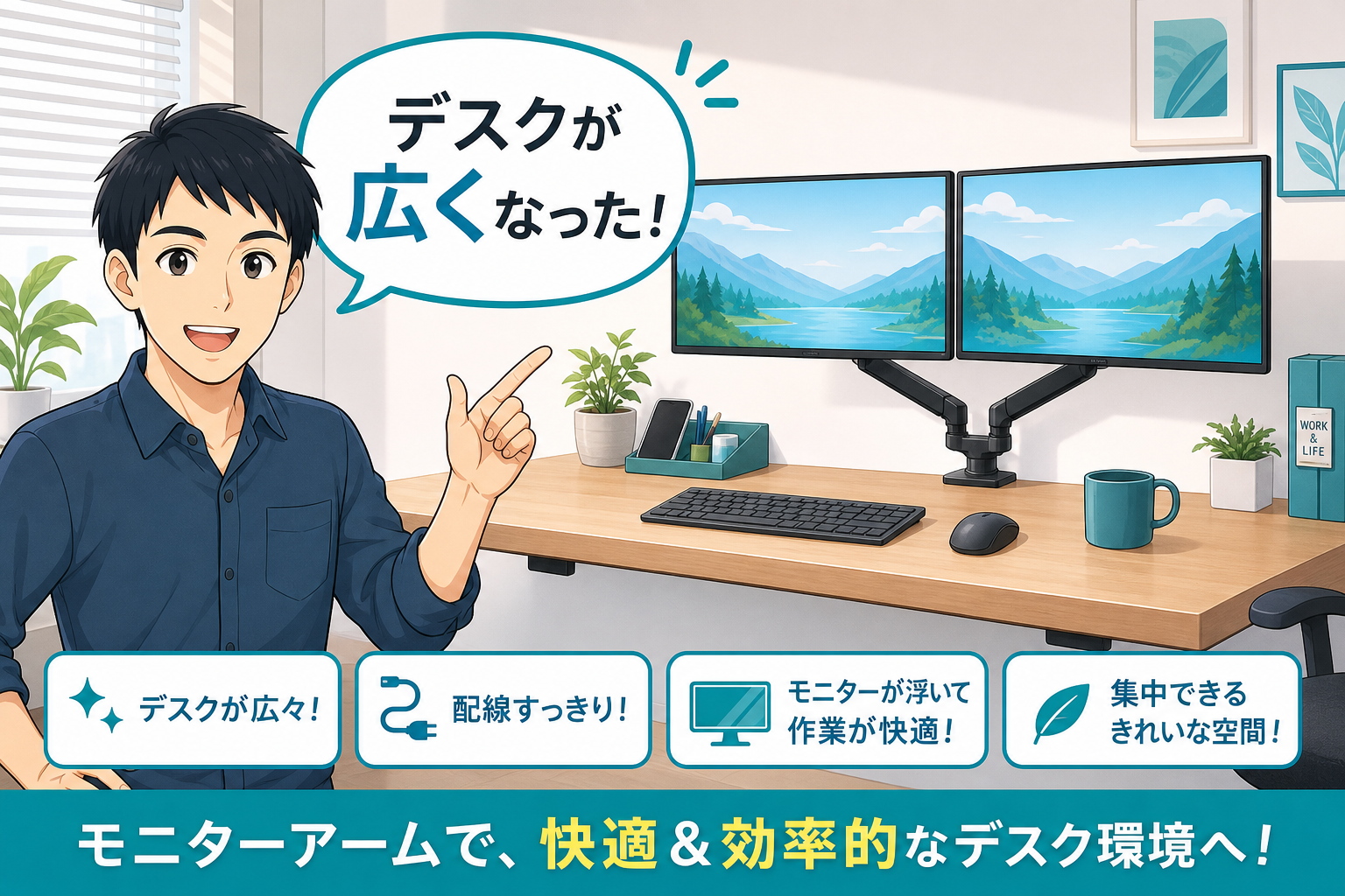 モニターアームで広くなったデスクを説明するケン
