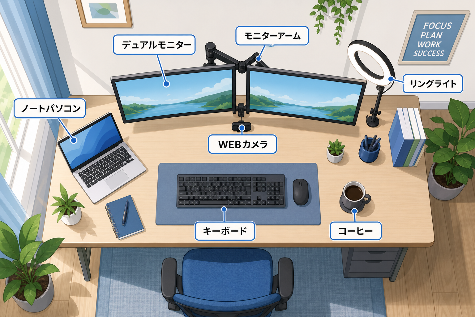 在宅ワークデスク全体の俯瞰図