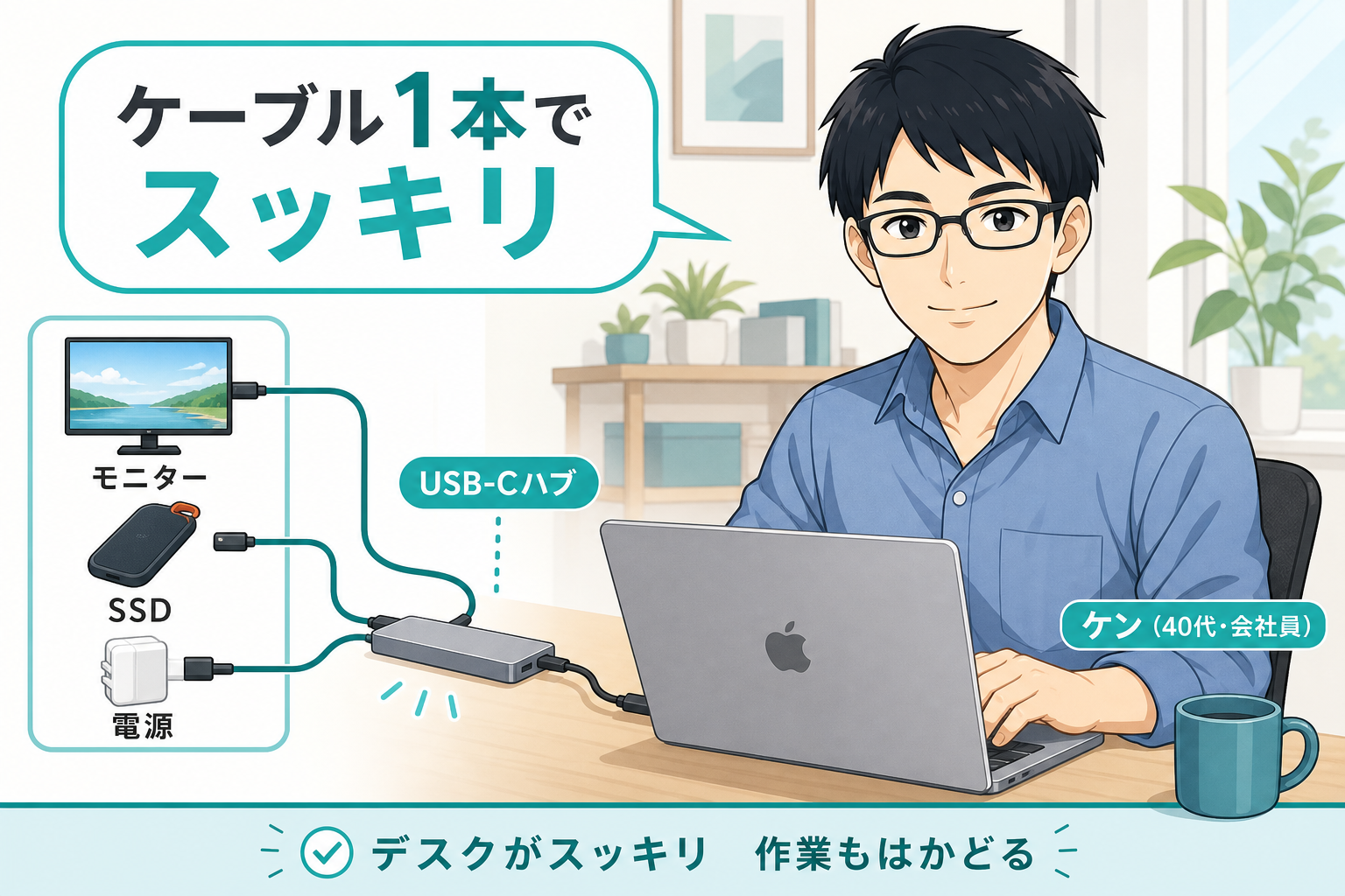 USB-Cハブ1本でスッキリ接続するケン